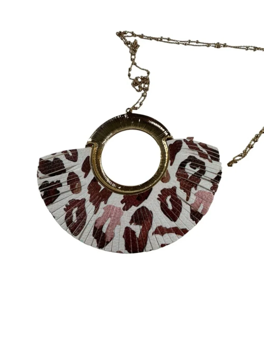 1946 Statement Pendant Necklace Gold Tone Leopard Print Fan Tassel Long Chain
